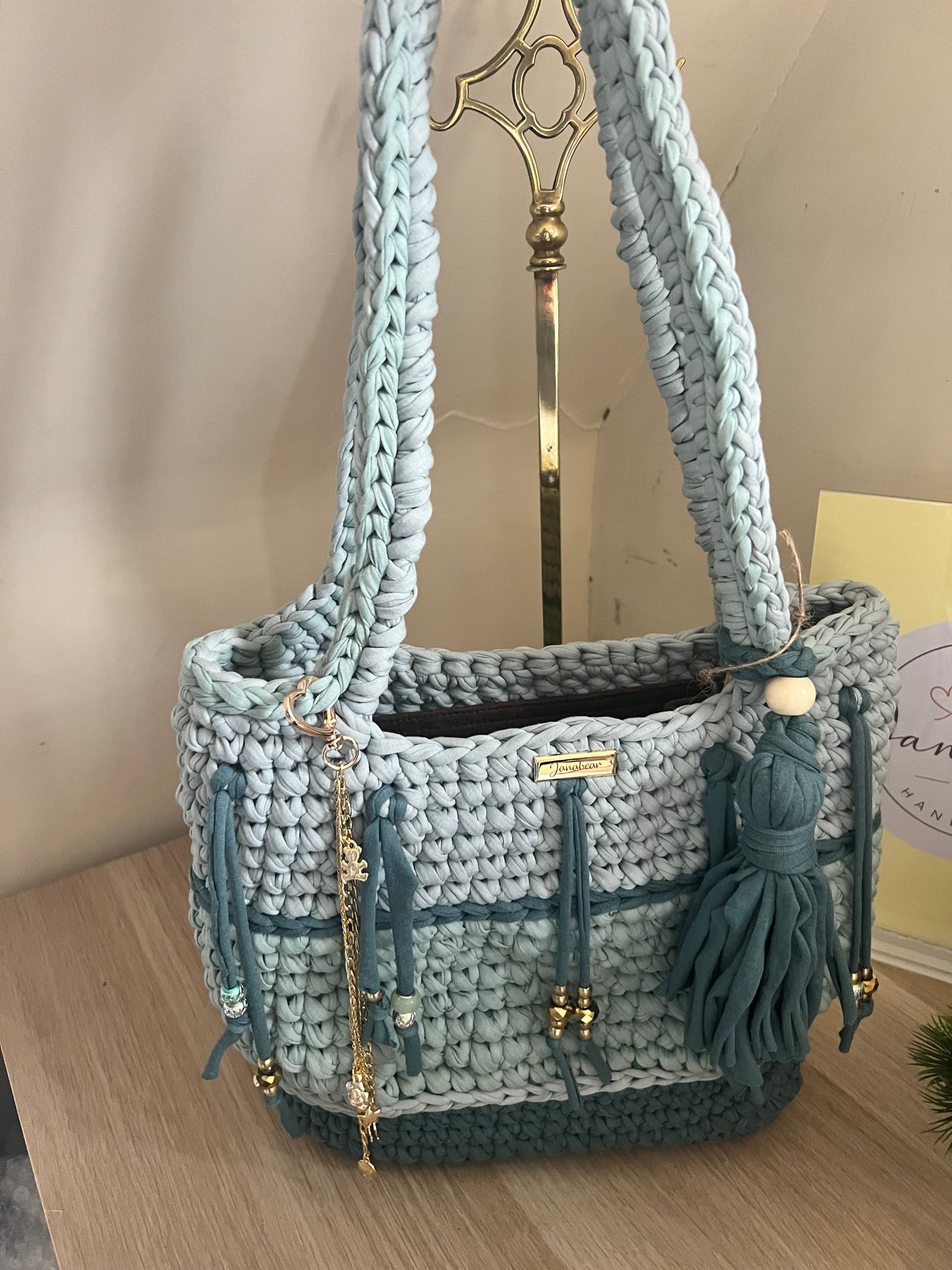 The Tote in khaki and mint green