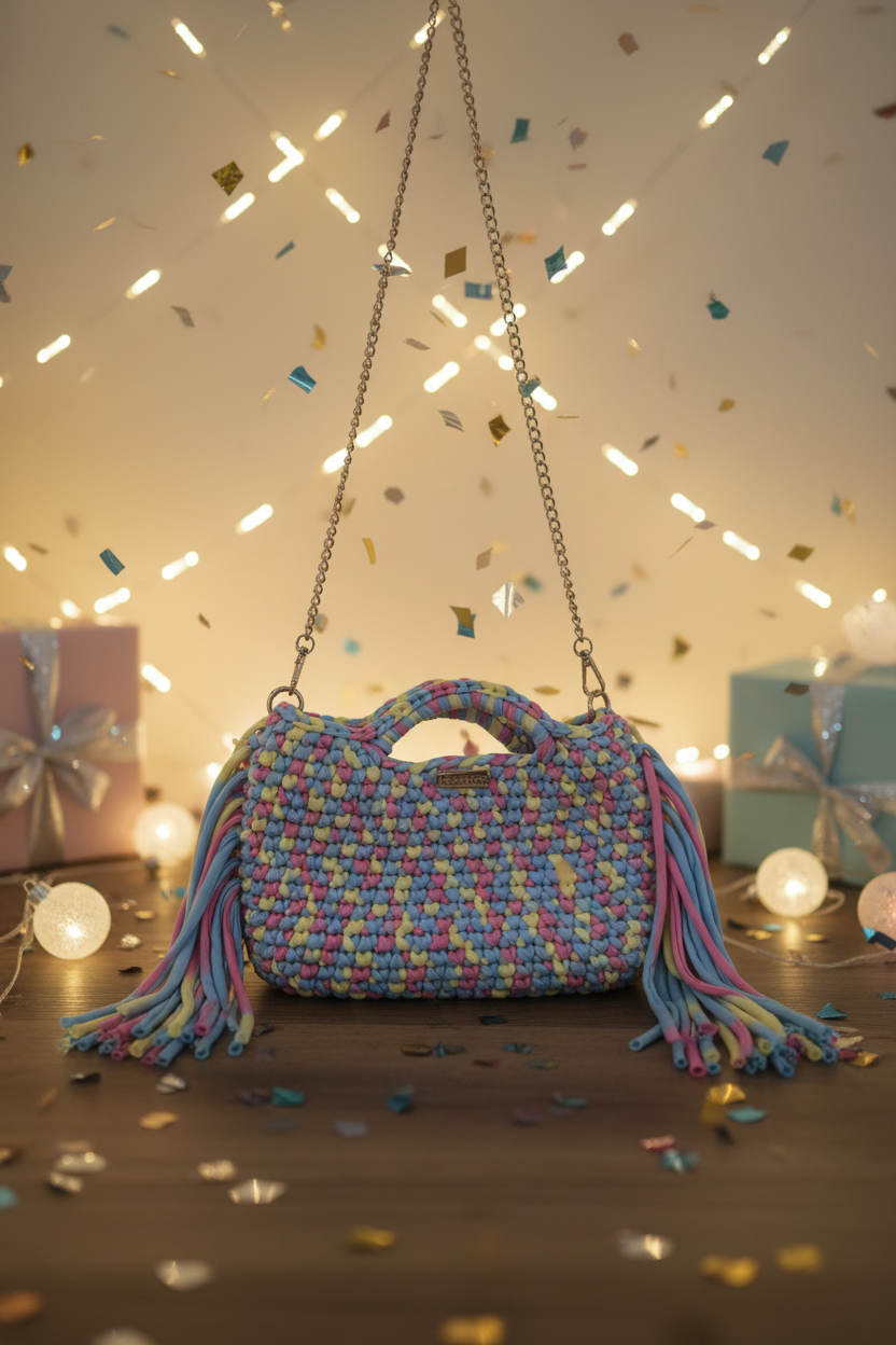 Tutti Frutti crochet bag in a holiday party setting